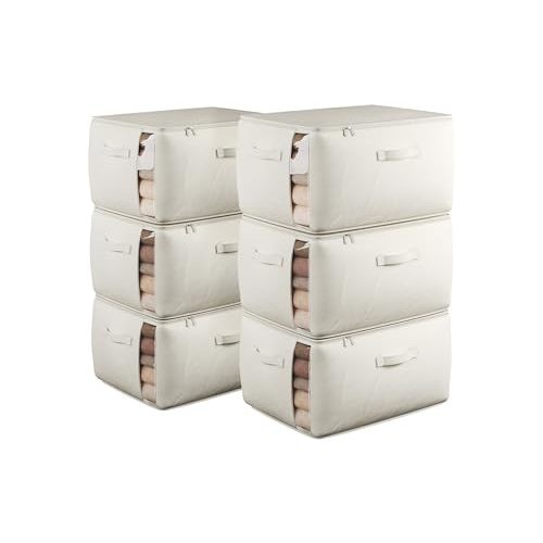 Large Canvas Clothes Storage Bags with Thick Handles and Clear Window, Foldable Cotton Linen Closet Organizer for Clothing, Blankets and Bedding, 70L, 6 Pack, Beige