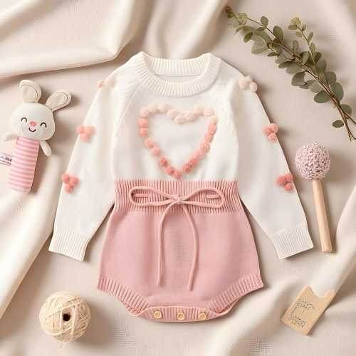 Baby Girl Knit Romper, Heart Embroidered Bodysuit, Long Sleeve Baby Sweater Outfit, Fall Winter Clothes, Warm Newborn Girl Clothing