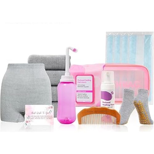 Postpartum Essentials Recovery Kit for Labor,Delivery - Peri Bottle,Disposable Postpartum Underwear,Perineal Healing Foam,Instant Ice Pads,Cooling Pad Liners,Socks,Birth Comb,Portable Bag