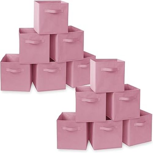 Casafield Set of 12 Collapsible Fabric Cube Storage Bins, Light Pink - 11" Foldable Cloth Baskets for Shelves, Cubby Organizers & More