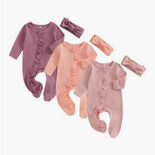 Merqwadd Baby Girl Zipper Pajama Footies 3 Pack Ruffle Sleeper Coming Home Infant Cotton Clothes
