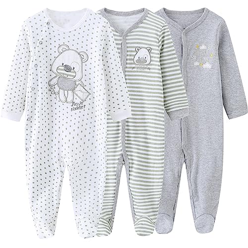 MAMIMAKA Baby Boys Girls Footies One-Piece Romper Long-Sleeve Jumsuit Cotton Newborn Clothes Set 3-Pack Baby Pajamas