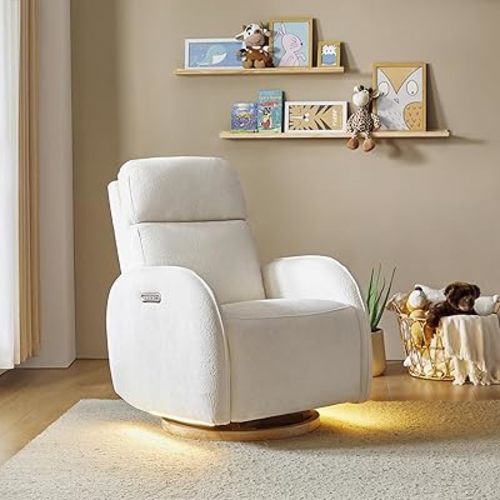 HULALA HOME Glider Recliner Nursery Chair with Adjustable Headrest and Lumbar Support, Modern Power Recliner with USB Port and Nightlight, Swivel Rocker Glider for Nursing Room Bedroom, White