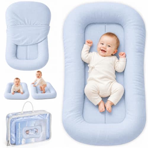 Baby Lounger, Infant Support Cushion 0-24 Months, Light Blue | Breathable Cotton, Machine Washable Cover, Infant Lounger, Home and Travel, Portable Tummy Time Mat, Baby Registry Gift