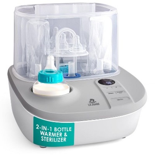 Lil' Jumbl 2-in-1 Baby Bottle Warmer & Sterilizer Dryer warms milk, sterilizes, and steams.