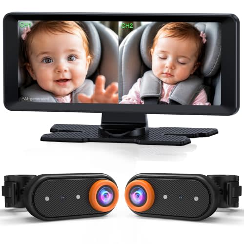 LUCKVIEW BM5PRO Baby Car Camera for 2 Kids, 7.2" Split Screen Monitor | 1080P Car Baby Monitor, Automatic Night Vision, 2 Cameras for Rear Facing Seat, 360 Degree Headrest Mount (Orange)