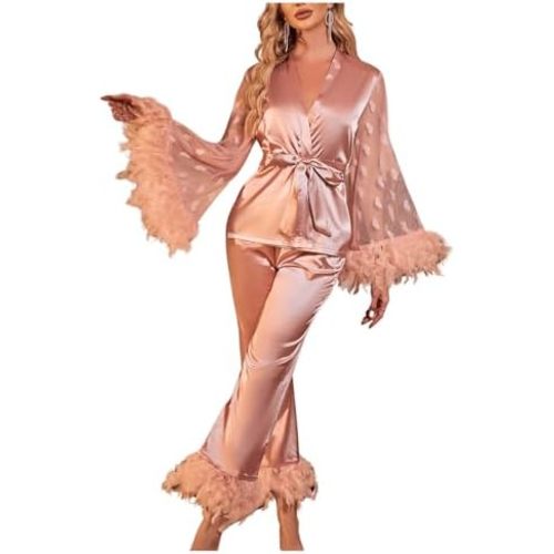 OYOANGLE Women's 2 Piece Pajama Set Satin Contrast Mesh Feather Trim Long Sleeve Belted Top and Pants Lounge Sets