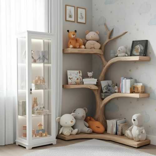 Handcrafted Wooden Tree Bookshelf | Unique Corner Bookcase for Kids Room, Nursery & Playroom Decor