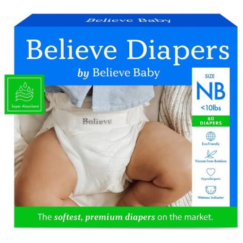 Believe Baby Premium Soft Hypoallergenic Disposable Diapers - Size Newborn - 60ct