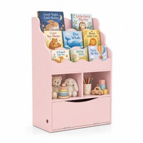 Kids Bookshelf 3-Tier Sling Bookcase with Open Cubes and Flip Down Cabinet for Toy Storage