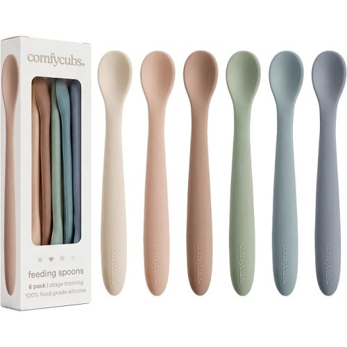Comfy Cubs Silicone Baby Spoons Set 6-Pack, Sand 16.4 x 2.41cm – BPA Free, Soft Gum-Safe Toddler Utensils – Lightweight & Flexible Baby Spoons, Dishwasher Safe, Fun & Colorful Silicone Utensils