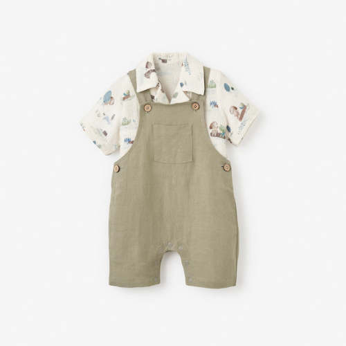 Pond Friends Organic Cotton Muslin Top & Linen Blend Overalls MULTI / 3-6M