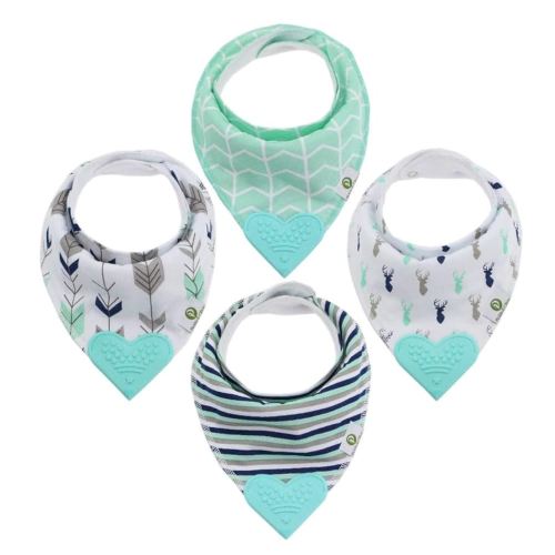 Pickle & Olive Baby Bandana Teething Bibs with Attached Silicone Teether, Set Of 4 - Blue Deer