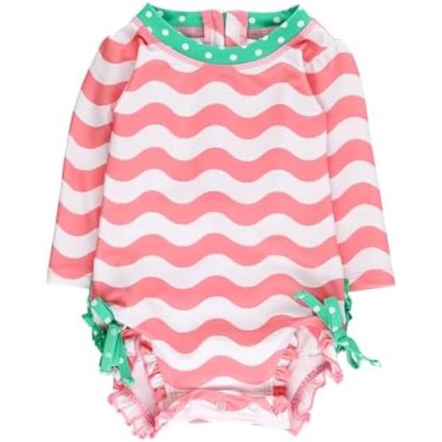 RuffleButts Baby Girls UPF 50+ Sun Protection Floral Printed Long Sleeve One Piece Rash Guard Swimsuit with Zipper