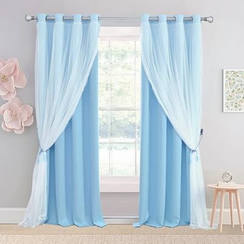 Light Blue Blackout Curtains 84 inch Length - Double Layers Blue Romantic Curtains with Sheer Overlay, Window Curtains & Drapes for Kids/Girls/Boys Bedroom Living Room Nursery, 2 PCs