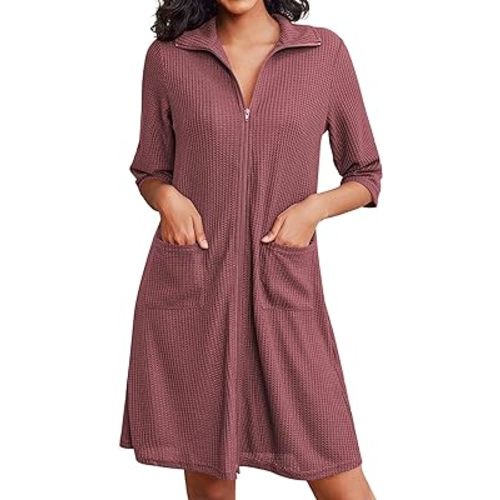 Ekouaer Zipper Robes for Women Waffle Knit Bathrobes Short Lightweight Knee Length Loungewear with Pockets S-XXL