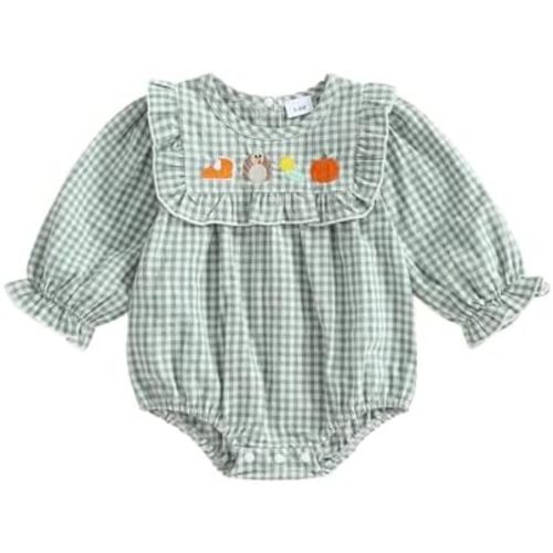 GOOCHEER Newborn Baby Girl Thanksgiving Outfit Turkey Pumpkin Smocked Bubble Romper Long Sleeve Striped Bodysuit Clothes