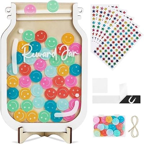 Herda Personalized Magnetic Reward Jar with 42Pcs Smiley Tokens and 420 Holographic Star Stickers - Positive Behavior Chart for Classroom, Home Chore Chart & Potty Training Reward System for Kids