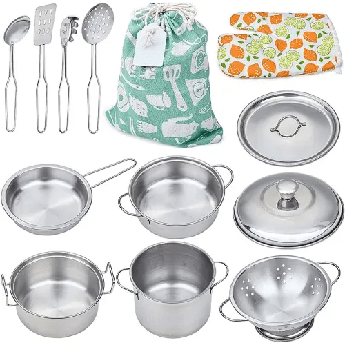 Play Pots and Pans Toys for Kids - Kitchen Playset Pretend Cookware Mini Stainless Steel Cooking Utensils Development Toys for Toddlers & Children Ages 3 Years and up