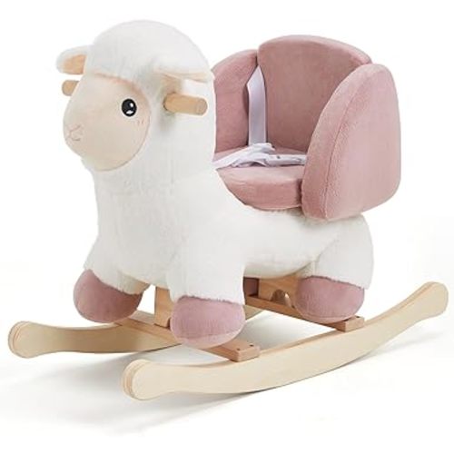labebe - Baby Sheep Rocking Horse, Kids Plush Stuffed Rocking Animals, Ovis Aries Rocker with Seatbelt for 6 Months Babies, White Romney Rocking Horse for Toddler 1-3 Age Girl