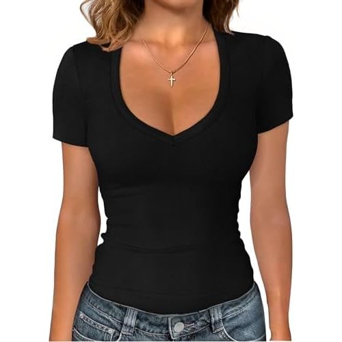 Sampeel Short Sleeve Shirts for Women V Neck Summer Ribbed Tshirts 2026 Slim Fit Spring Fashion Going Out Basic Tees