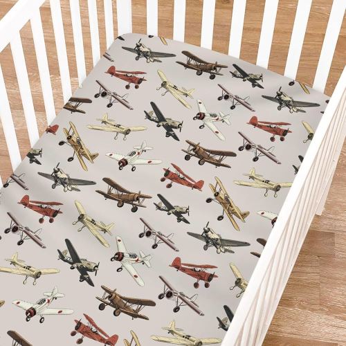 Vintage Airplane Baby Crib Sheets for Boys Girls 52"x28" Retro Airplanes Transportation Travel Crib Mattress Covers Snug Fitted Soft Breathable Baby Sheets for Standard Crib and Toddler Mattresses