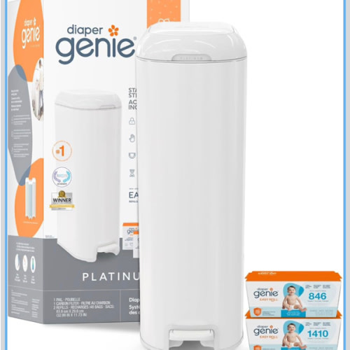 Diaper Genie Platinum Pail Gift Set, Lily White, Made of Durable Stainless Steel and Includes 2 Easy Roll Refills with 18 Bags and 30 Bags