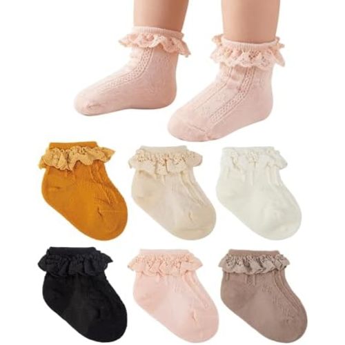 Baby Girl Ruffle Socks Eyelet Toddler Lace Frilly Soft Breathable Seamless Cotton Sox Socks for Girls Toddler Infant