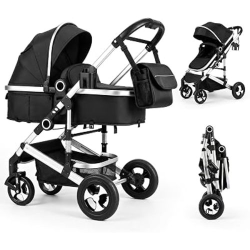 2 in 1 Foldable Stroller for Newborn w/Reversible Seat, Black