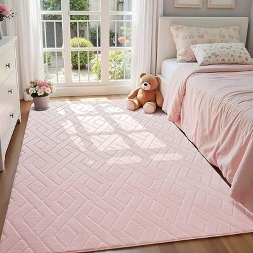 Ultra Soft Pink Area Rug for Girls Bedroom, 4x6 Modern Geometric Shag Rugs with Nonslip Backing for Living Room, Washable Fuzzy Carpet for Cozy Kids Room Nursery