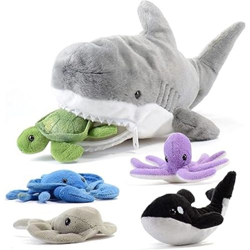 PREXTEX Plush Toy Shark Stuffed Animal with 5 Sea Animals - Shark Plush Toy with Turtle, Whale, Octopus, Stingray, Crab - Giant Stuffed Animals for Kids Aged 3 and Up - Fun Gift for Sea Animal Lovers