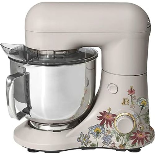 Beautiful 5.3 Qt Stand Mixer with Tilt-Head, Lightweight & Powerful, 12 Speed Settings, 300W Motor, Includes Beater, Whisk, Dough Hook & Splash Shield, Dishwasher Safe (Wildflower Porcini Taupe)
