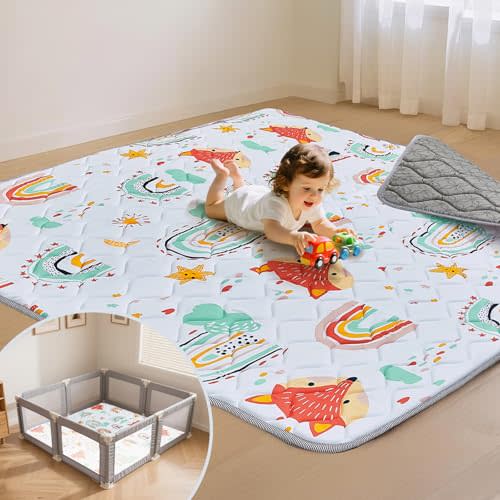 Baby Play Mat for Floor,71x59 Inch Soft Foam Padding Crawling Mat for Playpen, Foldable and Machine Washable, Thick for Babies & Toddlers,Rainbow Fox