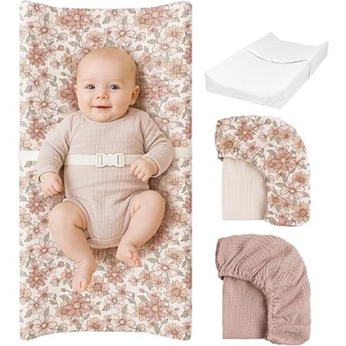 Konssy Muslin Changing Pad with Waterproof Lining Foam, Includes 2 Pack Soft & Cotton Cover, Baby Diaper Changing Pad for Dresser or Table, 32x16 inches (Vintage Petals, Taupe)