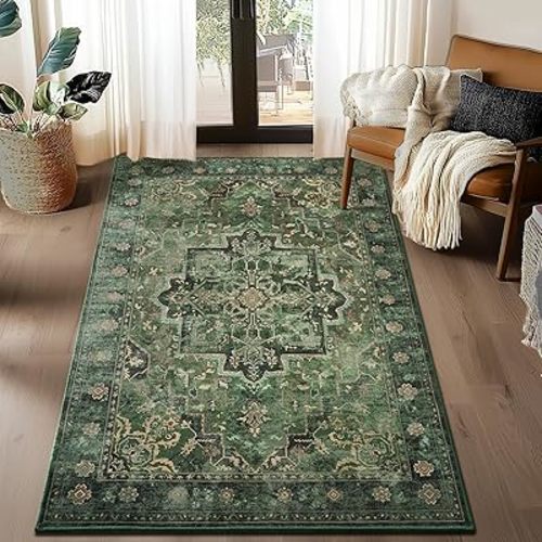 Tranditional Dark Green 4x6 Area Rugs for Living Room, Washable Non Slip Bedroom Bedside Throw Rugs, Vintage Distressed Medallion Printed Low Pile Soft Carpet for Entryway/Home Office/Kitchen
