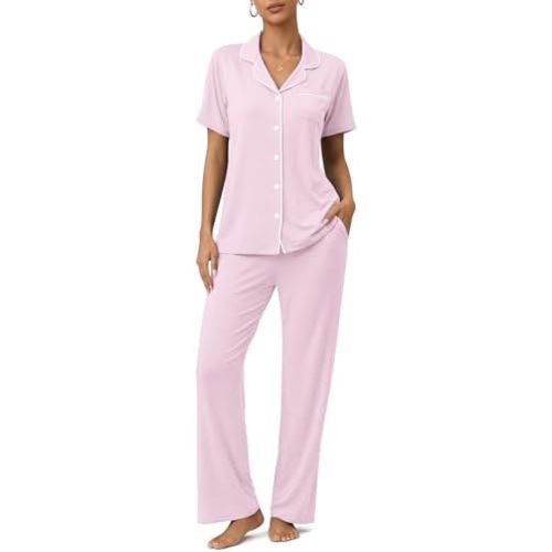 ZMJ Womens Pajamas Sets 2 Piece Button Up Pj Sets Short Sleeve with Long Pant