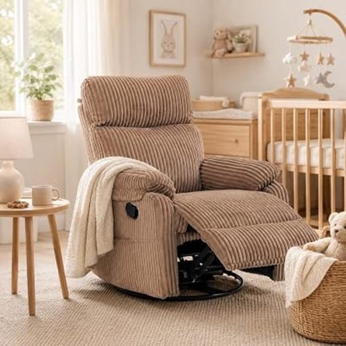 Majnesvon Nursery Rocking Chair Recliner, 360° Swivel Rocker Chair with Manual Footrest, Corduroy Upholstered Baby Room Chair with Lumbar Support & Side Pocket for Living Room Bedroom
