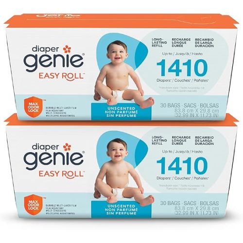 Diaper Genie Easy Roll Refill | 30 Bags Per Refill | Holds Up to 1410 Newborn Diapers | Odor Control | Diaper Pail Refill Bags | Fits Diaper Genie Signature & Platinum Pails