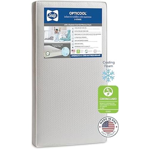 Sealy OptiCool Premium Dual Firm Baby Crib Mattress & Toddler Bed Mattress, Hypoallergenic Breathable Baby Mattress, Sustainable Cool Memory Foam Crib Mattress, Safety Certified, Made in USA, 52"x28"