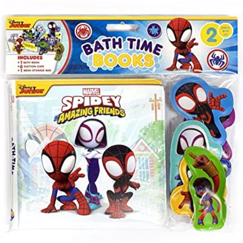 Marvel Spidey and his Amazing Friends Bath Time Books - Activity Books for kids, Bath book, 6 Padded suction cups, 1 Mesh bag