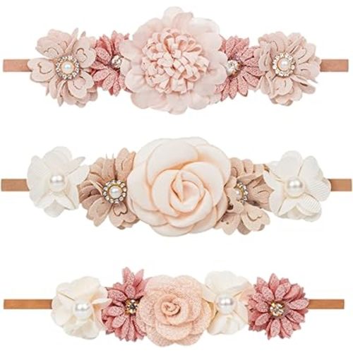 Baby Girls Floral Headbands Set-Flower Crown Elastic Hairband for Newborn Toddler Hair Accessories (Pack of 3)
