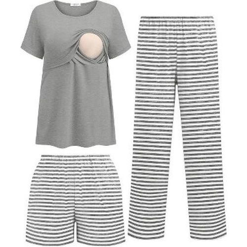 Ekouaer 3 Piece Postpartum Nursing Pajamas Set Short Sleeve Breastfeeding Shirts Pregnancy Shorts & Pants Maternity Pjs Gray Stripes M