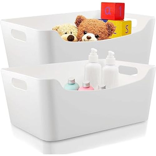 XL - 2 Pack White Plastic Storage Bins for Shelves, Closet Kitchen Storage Containers for Pantry Bathroom Office Organization Baskets, Cabinet Organizing Containers, White Organizer Bins for Shelves