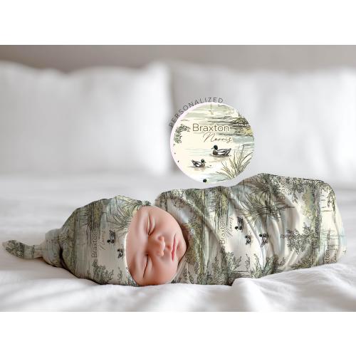 Mallard Duck Swaddle Personalized Blanket Hat Set Newborn Baby Boy Gift Idea Hospital Receiving Wrap Southern Bayou Theme Keepsake Present