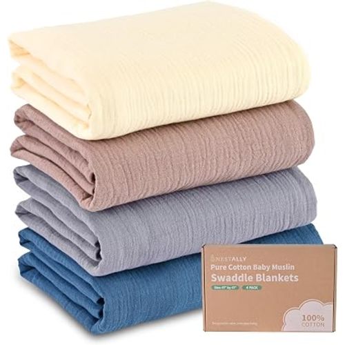 NESTALLY Cocoon Muslin Swaddle Blankets 4 Pack, Blue & Neutral