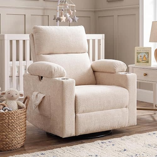 RUTOX Rocking Chair Nursery with Adjustable Armrests, Glider Recliner Nursery Chair with Massage and Heat, Power Swivel Rocker Recliner with Adjustable Headrest, Chenille Beige