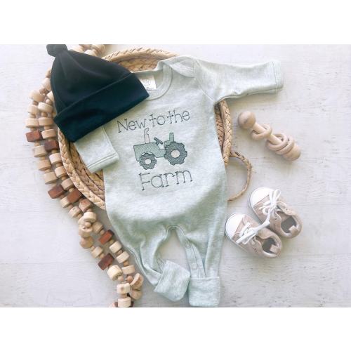 New to the farm footie, tractor coming home outfit for baby boy, farm boy sage romper, green tractor hospital outfit, ranch, sketch