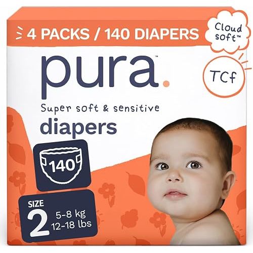 Pura Baby Diapers Size 2-140 Count, 12-18lbs, 12hr Leak Protection, Soft & Gentle Diapers for Hypoallergenic & Sensitive Baby Skin, Toxin-Free*, Organic Cotton, Blowout Blocker™, Wetness Indicator