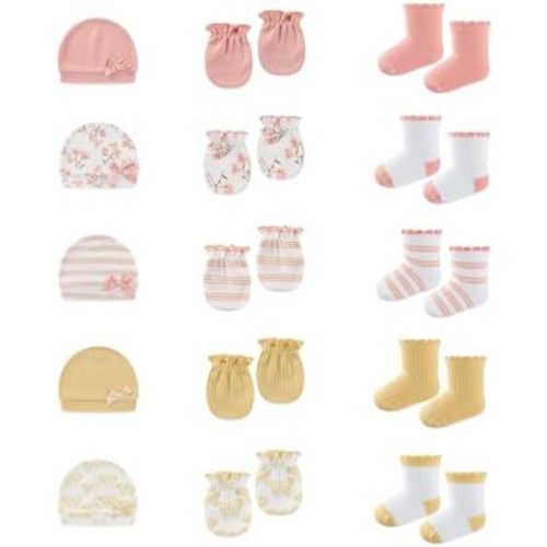 15 Pack Infant Hats Gloves Socks Unisex Baby Boy Girl Accessories Set Cotton New Born Caps Mittens