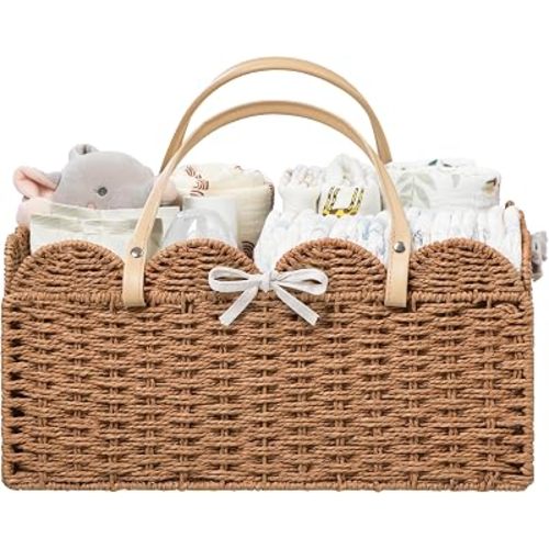 HBlife Baby Diaper Caddy, Paper Rope Storage Baskets Nursery Bin with Removable Divider, Portable Car Organizer for Diapers, Baby Shower Gifts, Newborn Essentials Must Haves